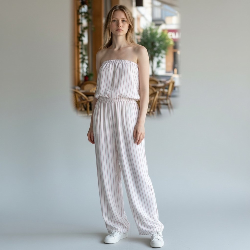 Forever 21 Contemporary Red White Striped Strapless Wide Leg Jumpsuit Small